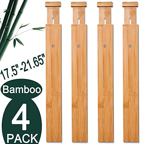 4 Pack Bamboo Drawer Dividers, Spring Loaded Adjustable Drawer Separators (2.1" High, 17.5"-21.65"), Perfect Expandable Wooden Drawer Dividers for Kitchen, Bedroom, Bathroom, Dresser & Office