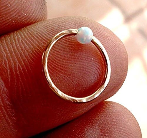14K Solid Gold Captive Fire Opal Bead Hammered Septum,Upper Ear Daith Rook,Tragus,Cartilage Hoop Earring,Nose Ring,Eyebrow Piercing