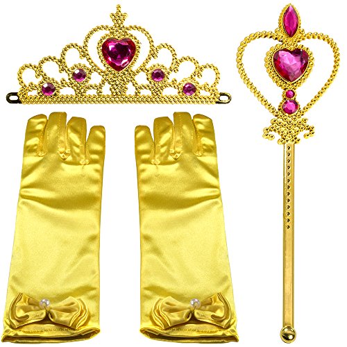 Yellow Dress Up Party Costume Accessories 3 Pieces Gift Set For Princess Bella cosplay: Tiara, Wand and Gloves