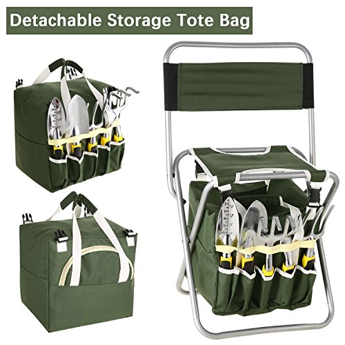 evokem Garden Tools Kit, 10 Piece Vegetable Herb Gardening Tool Set, Foldable Stool with Backrest and Zippered Detachable Tote, 5 Gardening Hand Tools, Gloves, Sprayer, 50M Plant Ties (US STOCK)