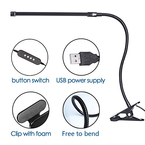 USB LED Desk Clip Light - 10W Bright Book Light Clip on for Bed Night Reading,Steel Gusseneck Clip Lamp for Work/Music/Art Studio with 3 Lighting Modes 10-Level Dimmer Light,Adapter Included (Black)