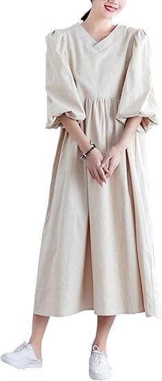 Amazon Ichain ワンピース Aラインワンピース Vネックワンピース バルーン袖 ハイウエスト デート 海 q 公園 ママ 女子会 涼しい ピクニック ワンサイズ クリーミーホワイト ワンピース チュニック 通販