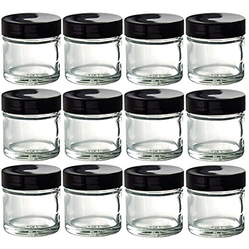 Clear 1 oz Thick Wall Glass Straight Sided Jar (12 Pack) + Spatulas and Labels - Airtight, Smell Proof, BPA Free Lids