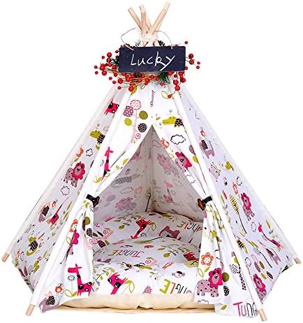 Pet Teepee Dog &amp; Cat Bed - Portable Dog Tents &amp; Pet Houses With Cushion &amp; Blackboard , 24 Inch , Up to 15lb ,Animals pattern