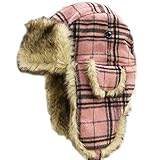 City Hunter W680 Wool Premium Solid Trapper Hats Multi Colors (Plaid Pink)