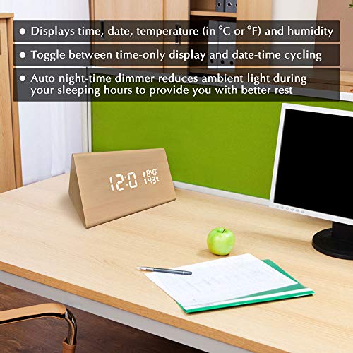 gbHome GH-6843 LED Faux Wood Digital Alarm Clock, Portable LED Desk Clock with USB Charger, Displays Time & Temperature, Adjustable Brightness, 3 Alarms and Optional Sound Activated Display - Thumbnail 3