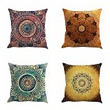 Jartinle Set of 4 Retro Floral Mandala Compass Medallion Bohemian Boho Style Summer Decor Cushion Case Decorative for Sofa Couch 18" x 18" Inch Cotton Line (Floral Compass Medallion)