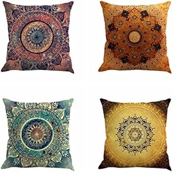 Jartinle Set of 4 Retro Floral Mandala Compass Medallion Bohemian Boho Style Summer Decor Cushion Case Decorative for Sofa Couch 18