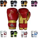 New! (Genuine 100% CowHide Leather) Elite Boxing Gloves, Kick boxing Muay Thai Training Gloves, Sparring punching Bag Mitts (gold/red, 8-oz)