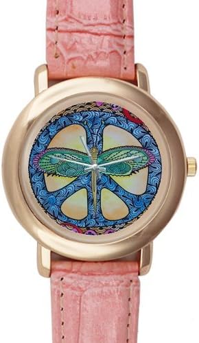 Gifts for Girls or Ladies Peace Sign with Dragonfly Art Pink Leather Alloy High-Grade Watch