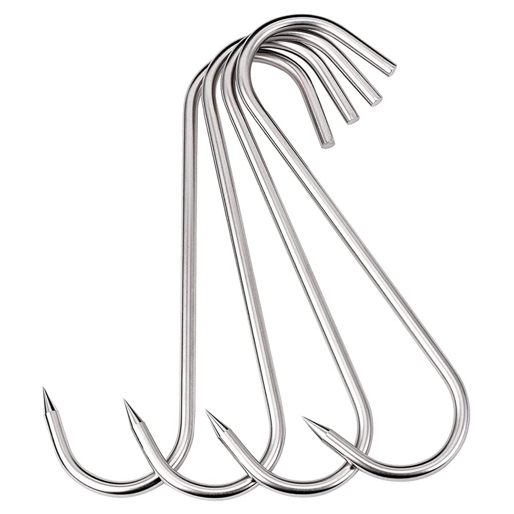 Grizef 10 Inch S-Hook Meat Hooks Heavy Duty Stainless Steel Meat Processing Butcher Hook Hanging Drying BBQ Grill Cooking Metal Meat Hooks for Butcher, Farmer, Hunter（4 Pack-6MM） (10INCH-6MM)