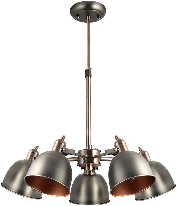 5-Light Antique Chandelier Down Light, Metal Ceiling Light Fixture, Adjustable 5lt Hanging Fixture, Vintage Iron Pendant Light for Dining Room, Living Room, Foyer (Antique Silver+Antique Brass)