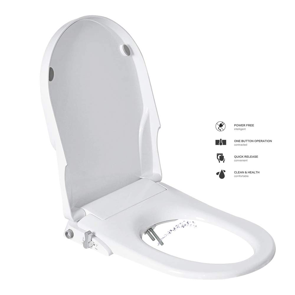 GEOATON Combined Toilet Seats Bidet with Non Electric Self Cleaning Dual Nozzles Separated Rear & Feminine Natural Water Spray, Soft Closed, Easy DIY Installation (D Shape),White