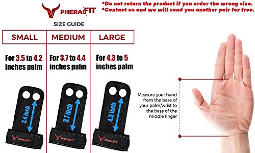 PHERAL FIT Natural Leather Hand Grips - Gymnastics Grips Wrist Support Crossfit, WODs, Pull Ups, Chin Ups, Kettlebels Weight Lifting (Black, Large - 4.3" to 5" Palm)