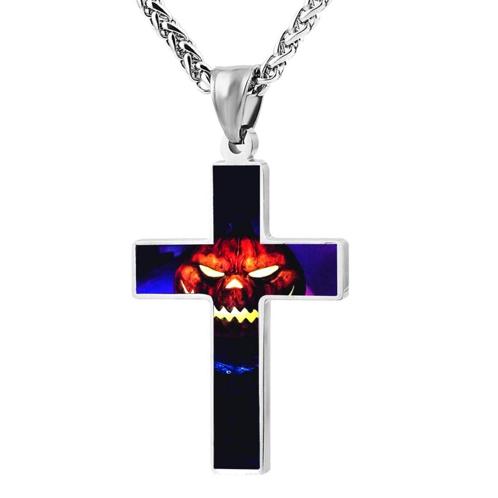 Elcacf Prayer Cross Necklace,Scary Neon Pumpkin Jack-O Lantern Print Graphic Religious Pendant