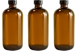 GPK4ALL 16oz 473ml Amber Boston Round Bottle with 28-400 Black Poly cone Phenolic caps, pack of 3