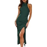 Satin Halter Backless Silt Midi Dress for Women 2024 Elegant Formal High Neck Cowl Back Silk Wedding Guest Sexy Dresses