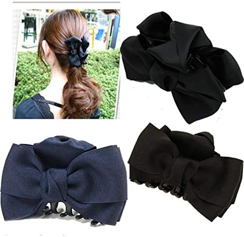 Ribbon Clip, Ribbon, Women’s, Hair Accessories, Hair Clip, Popular, Hair Tie (Large, Black, Ribbon Hair Claw, 3 Pieces)