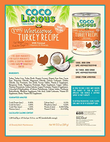 Party Animal - Coco Licious - Wholesome Turkey - Dog Recipe - Pack of 12 Cans - 13oz.