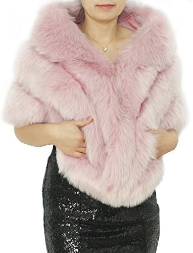 Dressblee Faux Fur Wrap Shawl Shrug Bolero Cape With side pockets, Bridal Faux Fur Jacket coat shawls -pink