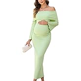 AISWI Off The Shoulder Maternity Dress Bell Sleeves Ruched Bodycon Maxi Elegant Pregnancy Dresses Baby Shower Photoshoot