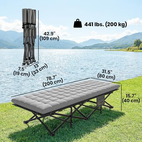 Outsunny Camping Cot with Soft Pad, 32" Extra Wide Folding Cots with Non-Slip Feet and Carry Bag, Heavy Duty Portable Oxford Sleeping Bed, 440 lbs Capacity, Grey