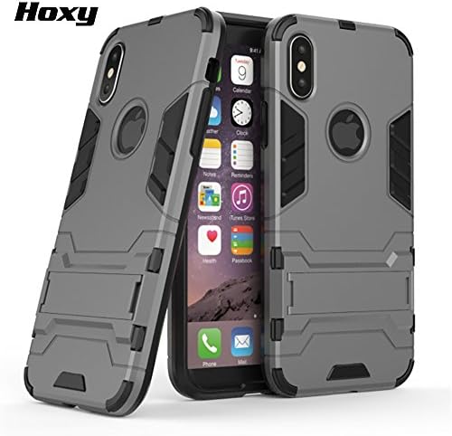 HOXY iPhone X Hybrid Armor Case Tempered Glass 2 in 1 Hard PC Cover + Soft TPU Bumper Case Cover, Shock Absorption, Scratch Resistant, Drop Tested, Lightweight with Kickstand(Grey)