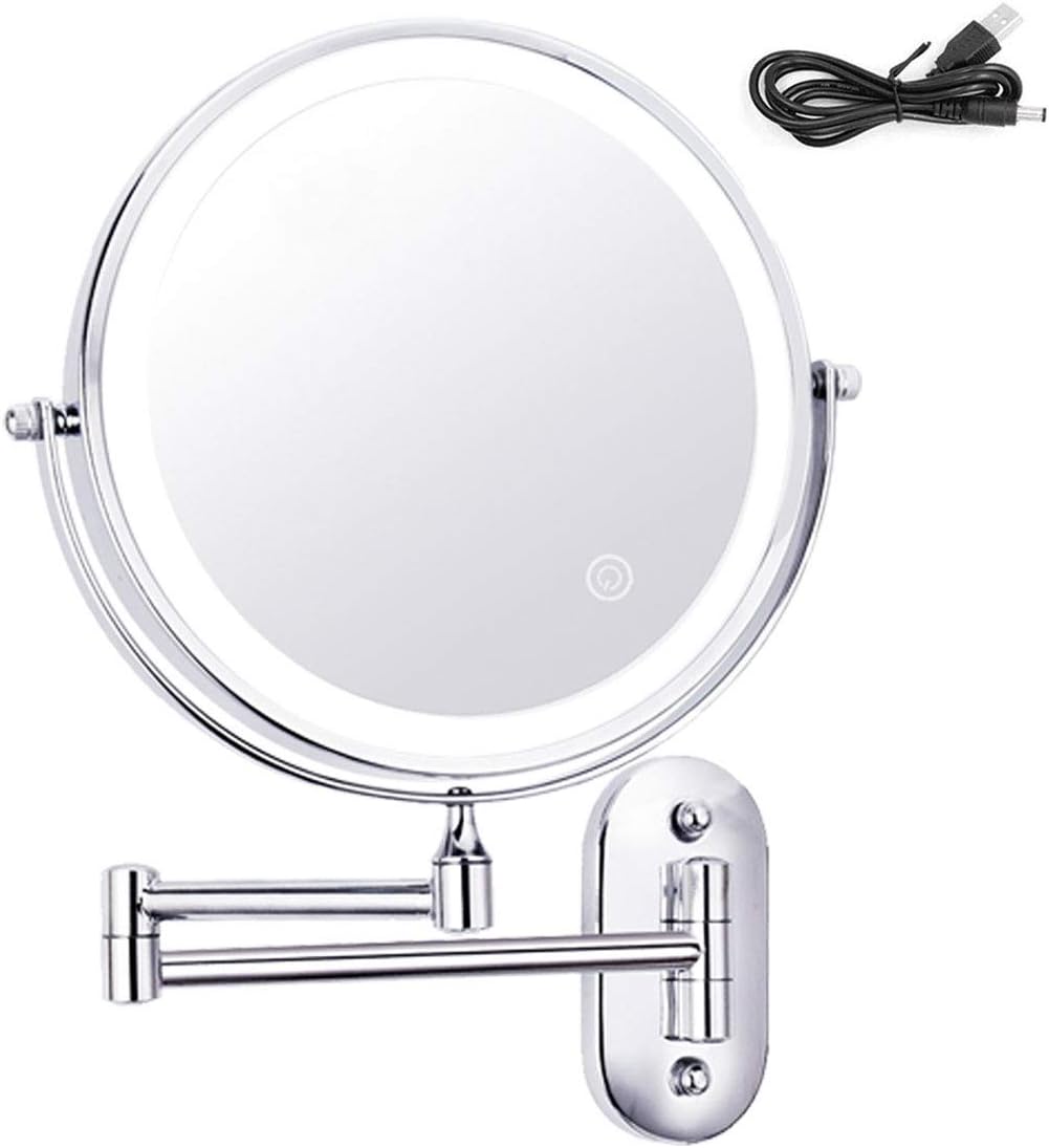 XIGG 10X LED Wall Mounted Makeup Mirror with Dimmable Lights Stainless Steel Magnifying Wall Bathroom Mirror Touch Screen 360° Swivel Extendable for Bathroom USB Rechargeable