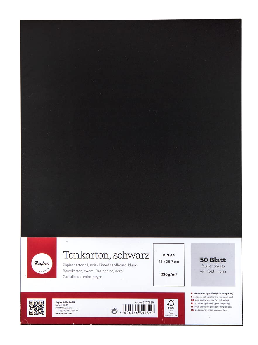 Rayher Tinted Cardboard, FSC Mix Credit, Black, DIN A4, 220 g/m2, 50 Sheets, 67375576