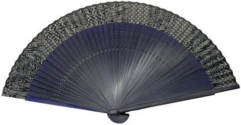 Japanese Design Silk Handheld Folding Fan, Blue Swirls and Patterns, Long Frame HF-206-P