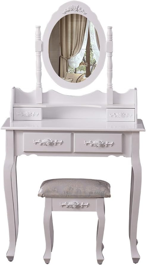 HomJoy White Dressing Table with Rotatable Oval Mirror and Stool Set, Vanity Bedroom Dresser 4 Drawers Makeup Desk