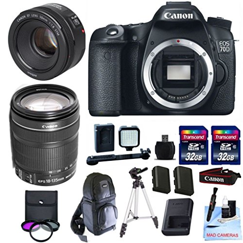 Canon 70D + Canon 18-135mm IS STM + Canon 50mm 1.8 STM + 2 32GB Transcend SD Memory Cards + LED Video Light + Spare LP E6 Battery + DSLR Sling Bag & More - International Version Canon 70D + Canon 18-135mm IS STM + Canon 50mm 1.8 STM + 2 32GB Transcend SD Memory Cards + LED Video Light + Spare LP E6 Battery + DSLR Sling Bag & More - International Version