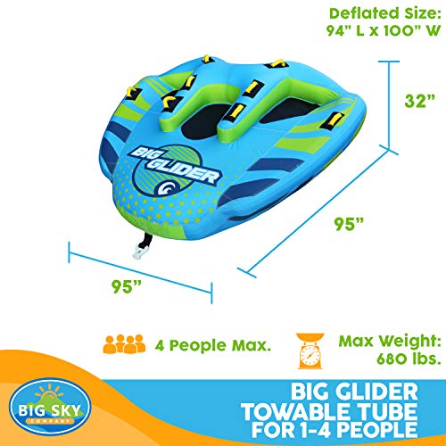 Big Sky Big Glider Towable, Inflatable Water Tube for 4, Boating Tube for Lake, Beach, River, Snow. Watersports Towables has Dual Boston Valve for Quick Inflation, Deflation - 4 Man Toys & Floats