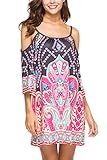 Anatoky Womens Cold Shoulder Spaghetti Strap Tribal Printed Summer Shift Dress