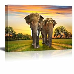 Canvas Prints Wall Art - Elephants Family at Sunset | Modern Wall Decor/Home Art Stretched Gallery Canvas Wraps Giclee Print & Ready to Hang - 12" x 18"