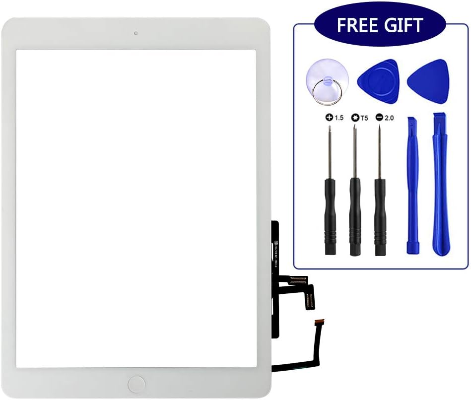 New Touch Screen Glass Digitizer Assembly Replacement Compatible for iPad 5 Air 1st Generation Modle A1474 A1475 A1476 with Home Button,Camera Holder,Preinstalled Adhesive,Tool Kit.(White)
