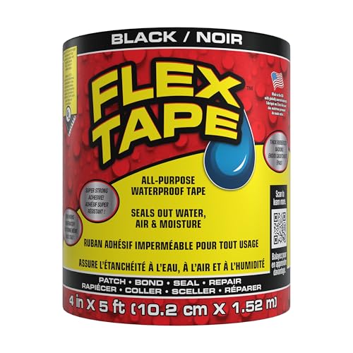 Flex Tape - Super Strong Waterproof Tape Works Underwater; Patch & Seal Indoor & Outdoor Projects; Instantly Stop Leaks with its Flexible, Thick Rubberized Adhesive Backing; Great for Home Repairs, Plumbing, Outdoor Gear, Marine & Water Sports, DIY Projects, Automotive Fixes, & More, BLACK, 4 in x 5 ft (10.2 cm x 1.52 m)
