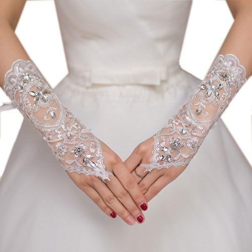 Lavendel Bridal Women's Crystals Sequins Lace Wrist Length Fingerless Gloves for Wedding Party Brides Accessory (Ivory)
