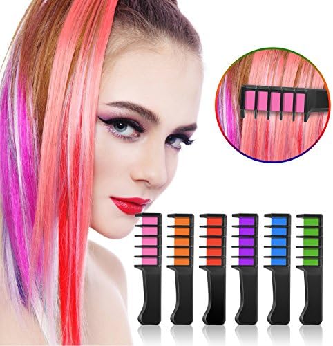Hair Chalk Set of 6 Colors, Non-Toxic Washable Temporary Hair Color Comb for Girls , Kids and Women, Works on All Hair Colors for Halloween Christmas Party Cosplay DIY
