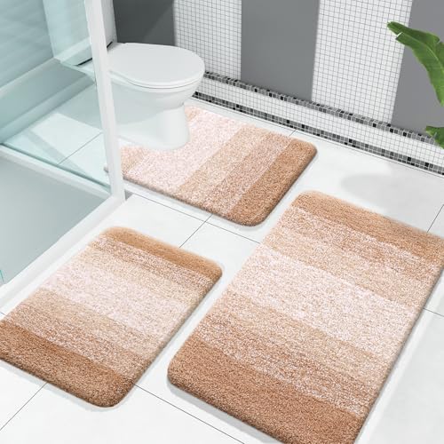 Photo 1 of OLANLY Bathroom Rugs Sets 3 Piece, Soft Absorbent Microfiber Bath Mats and U-Shaped Contour Toilet Rug, Plush Shaggy Bath Mat Set for Bathroom (30"x20"+24"x16"+24"x20", Beige)