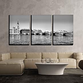 3 Piece Canvas Wall Art - Westminster Bridge Panorama View in London, UK - Modern Home Art Stretched and Framed Ready to Hang - 16"x24"x3 Panels