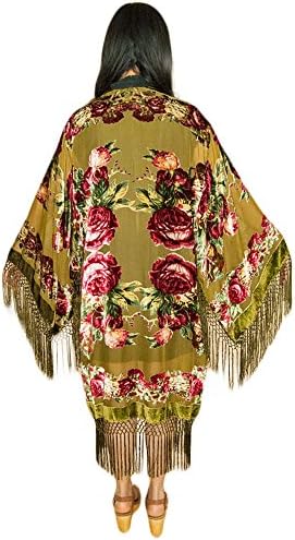 Golden Dazey Desert Rose Large Sleeve Velvet Burnout Floral Fringe Gypsy Silk Kimono (One Size, Olive)