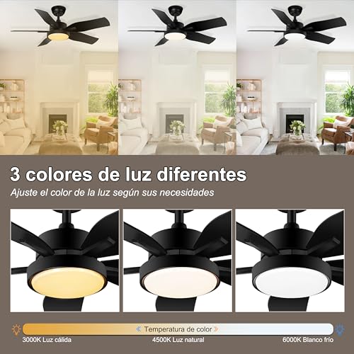 Ohniyou Ventilador de techo de 42 pulgadas con luz y mando a distancia, 6 velocidades, luz LED regulable, motor DC silencioso, ventilador de techo de gran caudal de aire para patio dormitorio cocina
