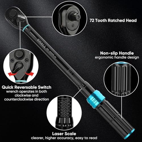 SHALL -7pcs 1/2" Torque Wrench Set (20-220Nm) Car Motorcycle Maintenance with Extension Rod and Storage Box