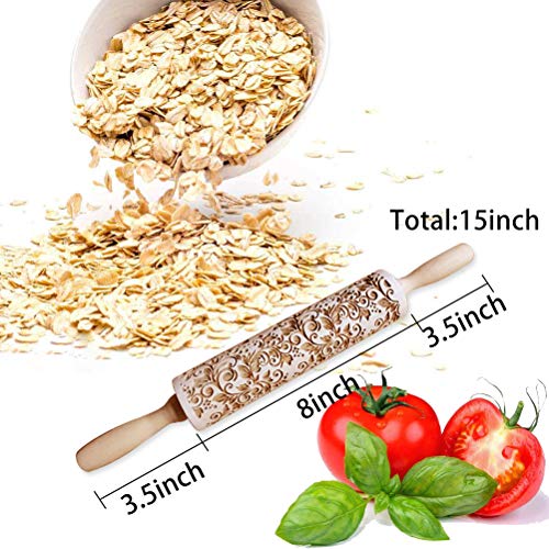 Uspacific Embossing Rolling Pin, Flower Pattern Wooden Laser Engraved Embossed Printing Rolling Pin DIY Tool for Homemade or Christmas Cookies