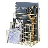 West Beauty 3 Slots Letter Holder, Metal Multifunctional File Holder for Mails, Books, Brochures and Postcards, Desktop Office Organizer Decoration, Size 5.6" x 3.7" x 7.0", Gold