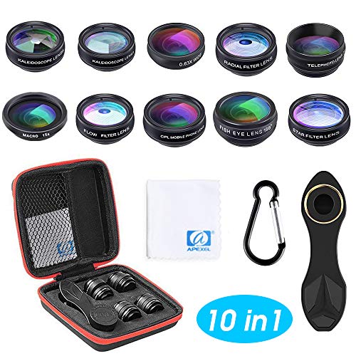 Orlegol Objectif Smartphone, 10 en 1 Téléphone Caméra Lentille Kit, 198° Fisheye, 0.63X Objectif Grand Angle, Macro…