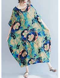 GGUHHU - Vestido largo de lino y algodón, diseño floral, con bolsillos