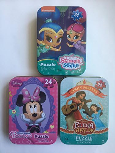 3 Collectible Travel Tin Puzzles for Girls. Shimmer and Shine, Elena of Avalor and Minnie Bundle Set.