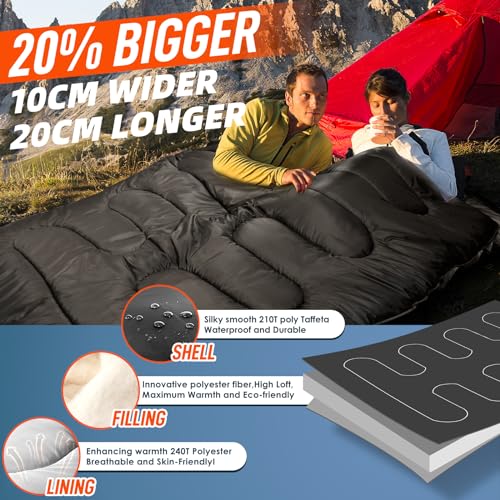 MEREZA Double Sleeping Bag for Adults Mens with Pillow, XL Queen Size Two Person Sleeping Bag for All Season Camping Hiking Backpacking 2 Person Sleeping Bags for Cold Weather & Warm